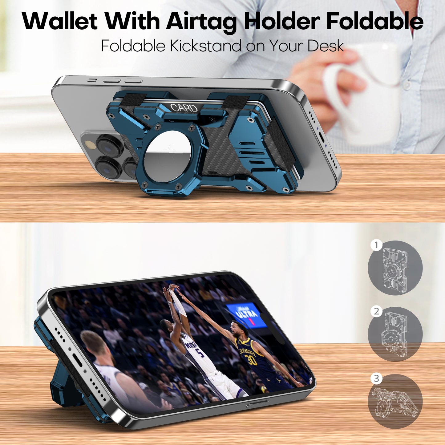 Heavy Duty Mens Airtag Wallet RFID Blocking Magnetic Phone Wallet Stand-Black