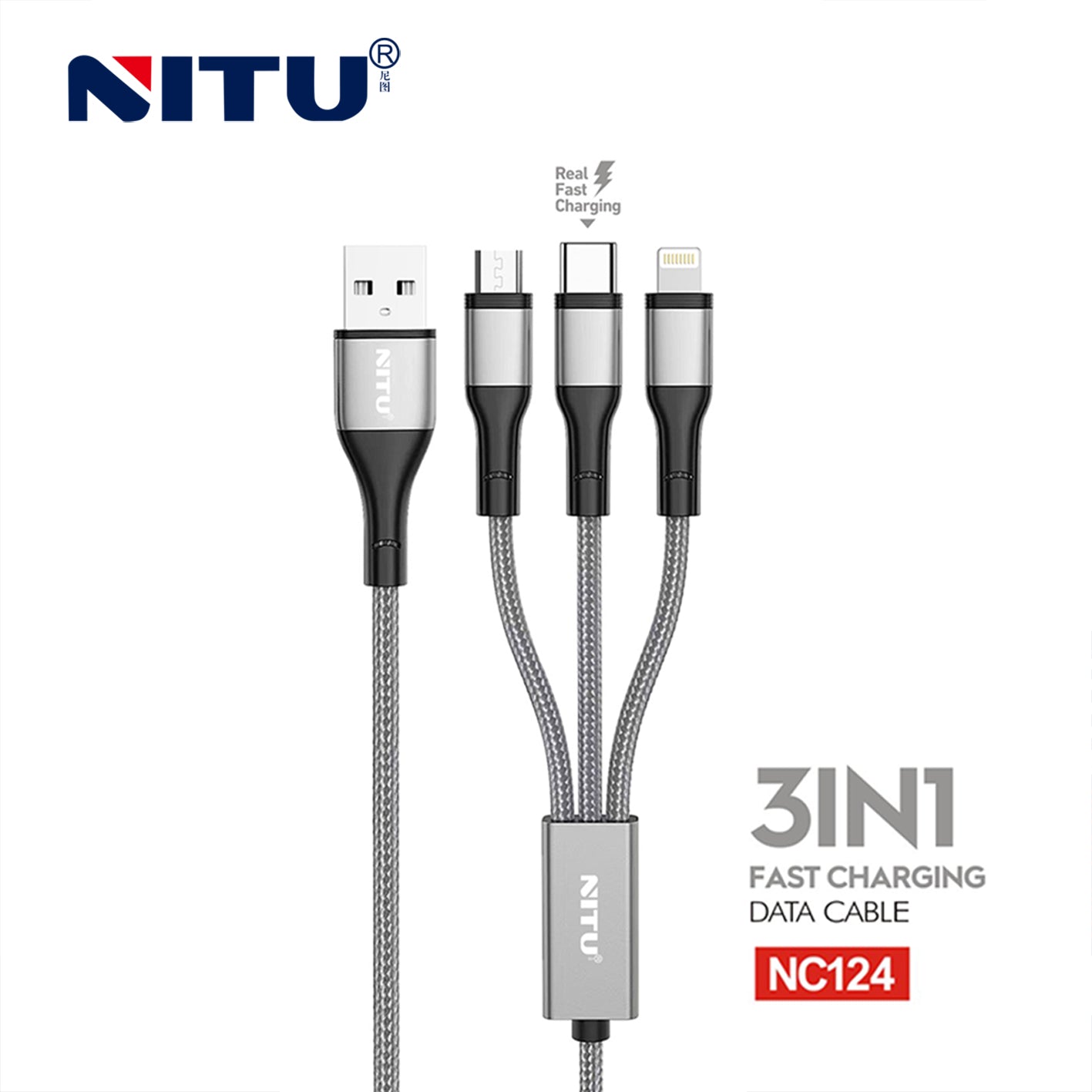 3-in-1 Fast Charging cable braided Jacket,1.2Meter
