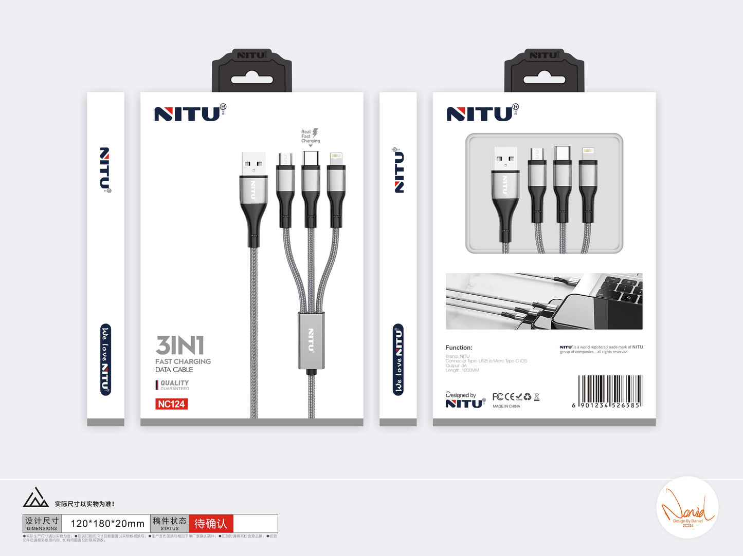 3-in-1 Fast Charging cable braided Jacket,1.2Meter