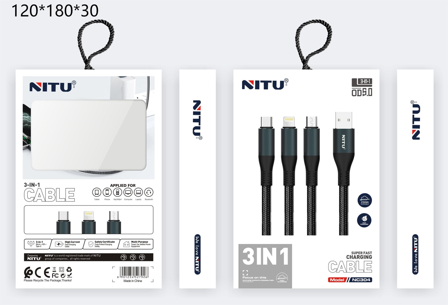 3 In 1 Cable Copper Wires Fast Charging 1 meter