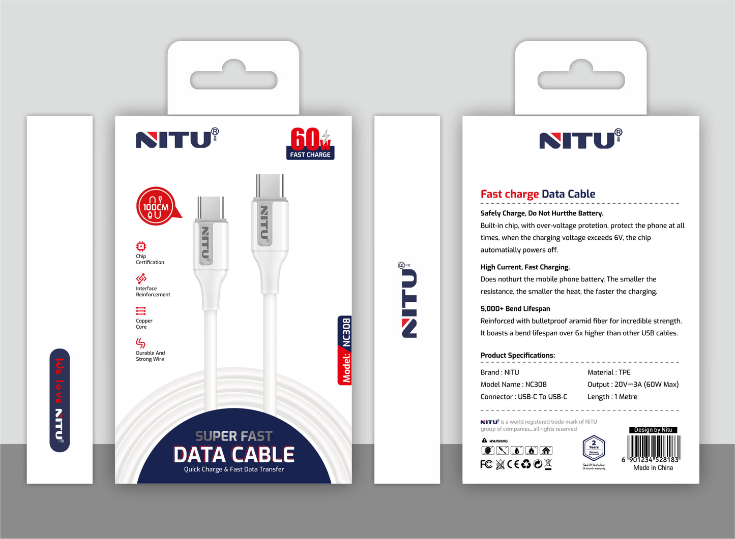 60W Type C To Type C Fast Charging Data Cable ,1M