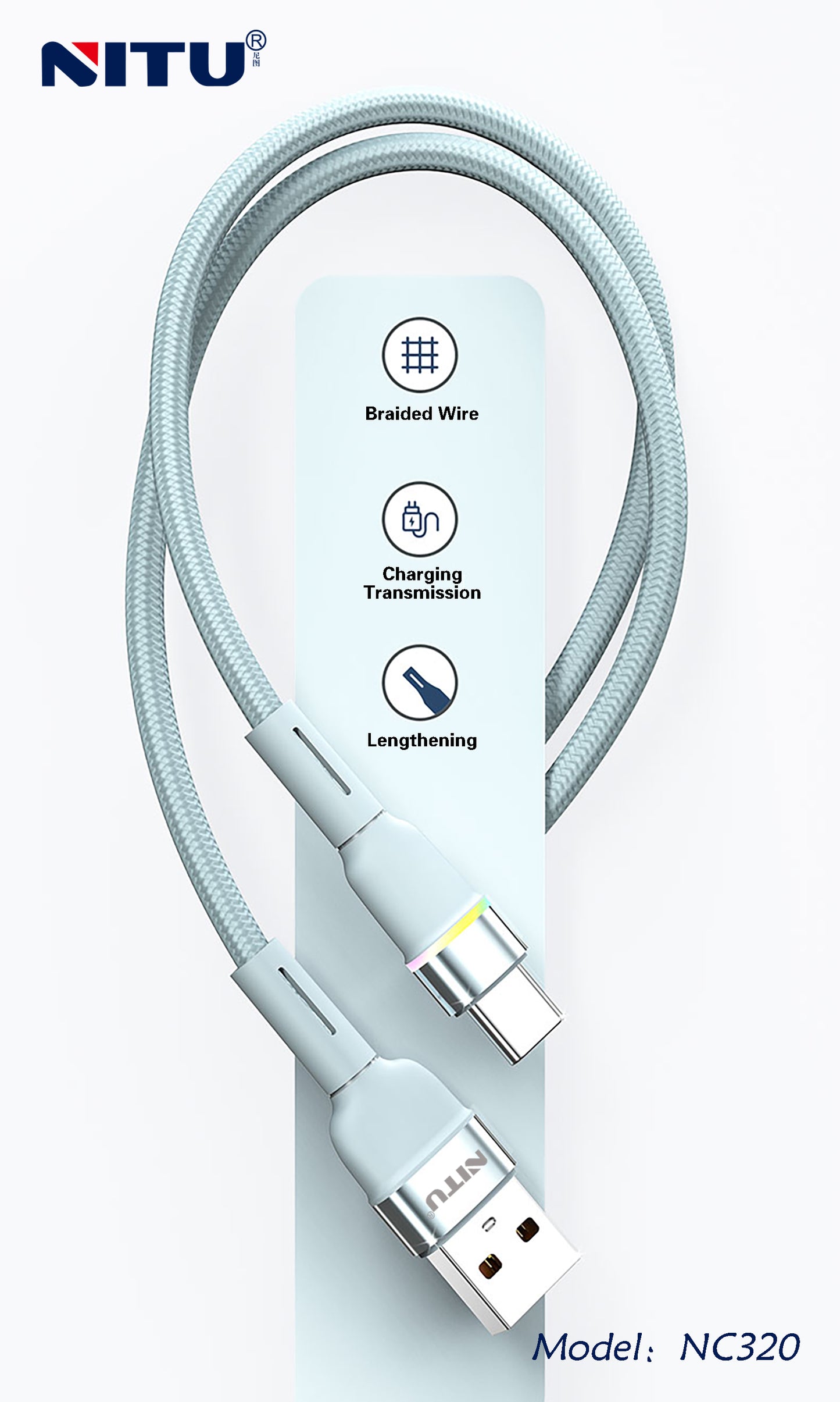USB To Type C Cable Nylon Braided With Breathing Light