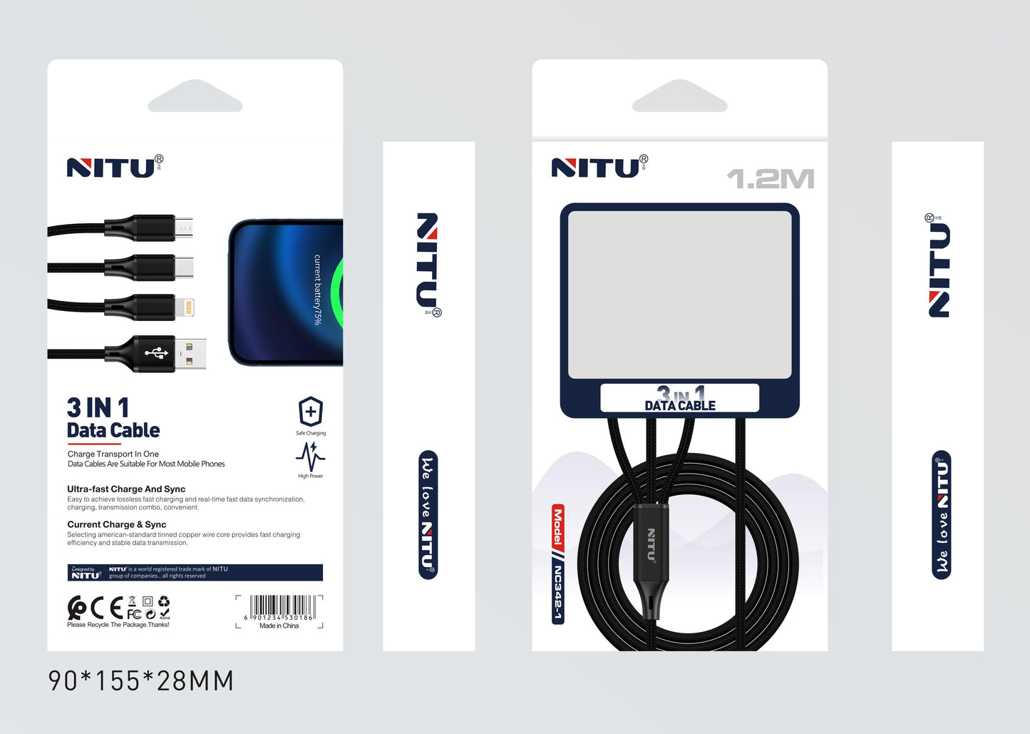 3 in 1 Data Cable Nylon Braided,1m