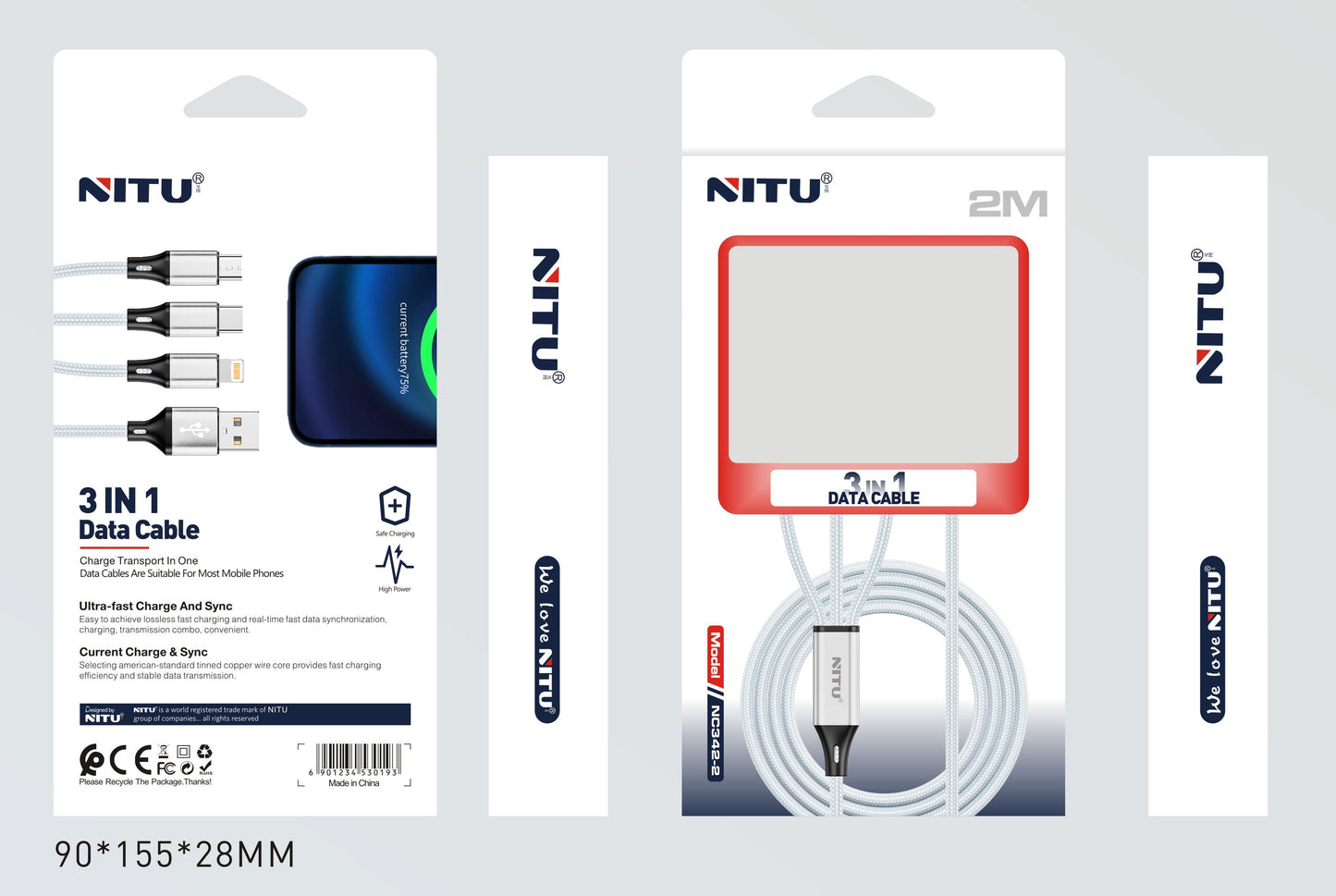 3 in 1 Data Cable, Nylon Braided,2M