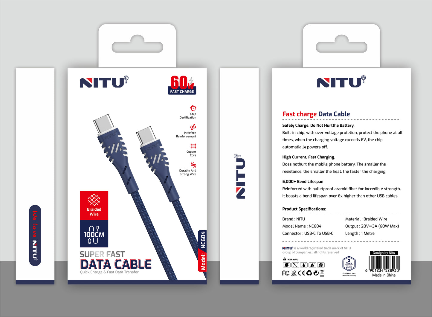 Type C To Type C 60W Braided Data Cable 1meter