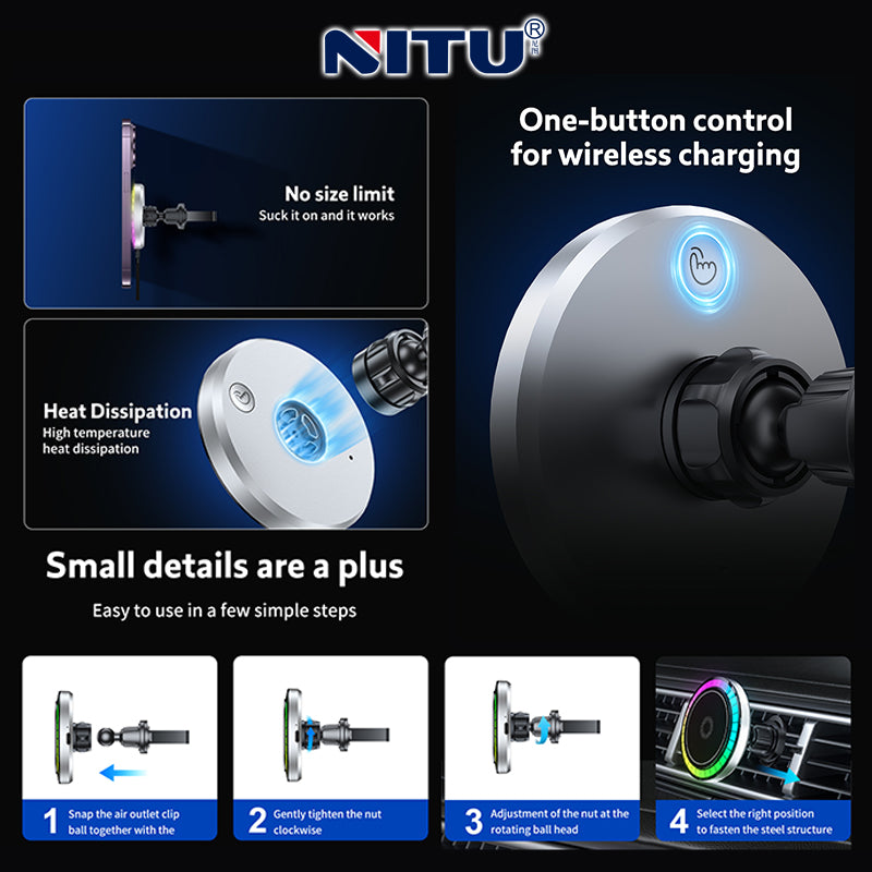 Car-vent Phone Holder Strong Magnetic Attraction 15W Wireless Charging With RGB Light