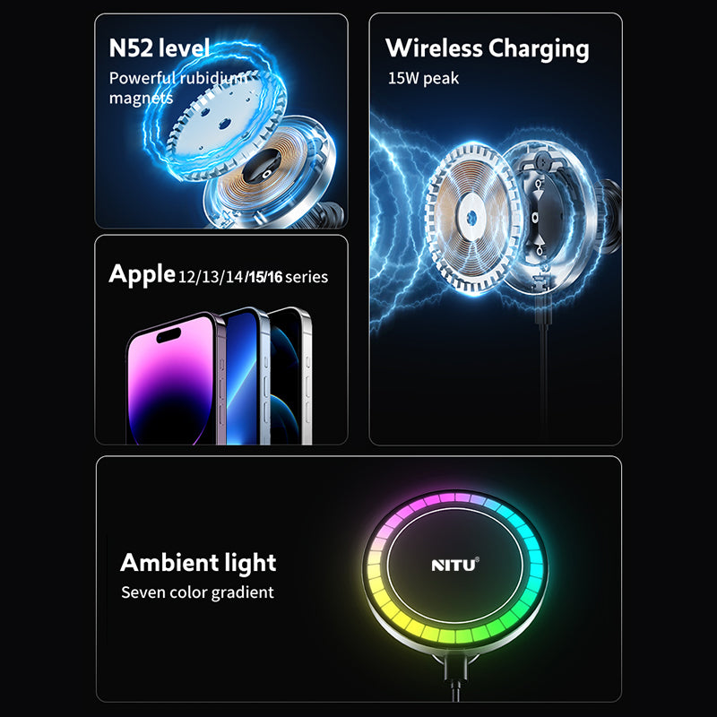 Car-vent Phone Holder Strong Magnetic Attraction 15W Wireless Charging With RGB Light