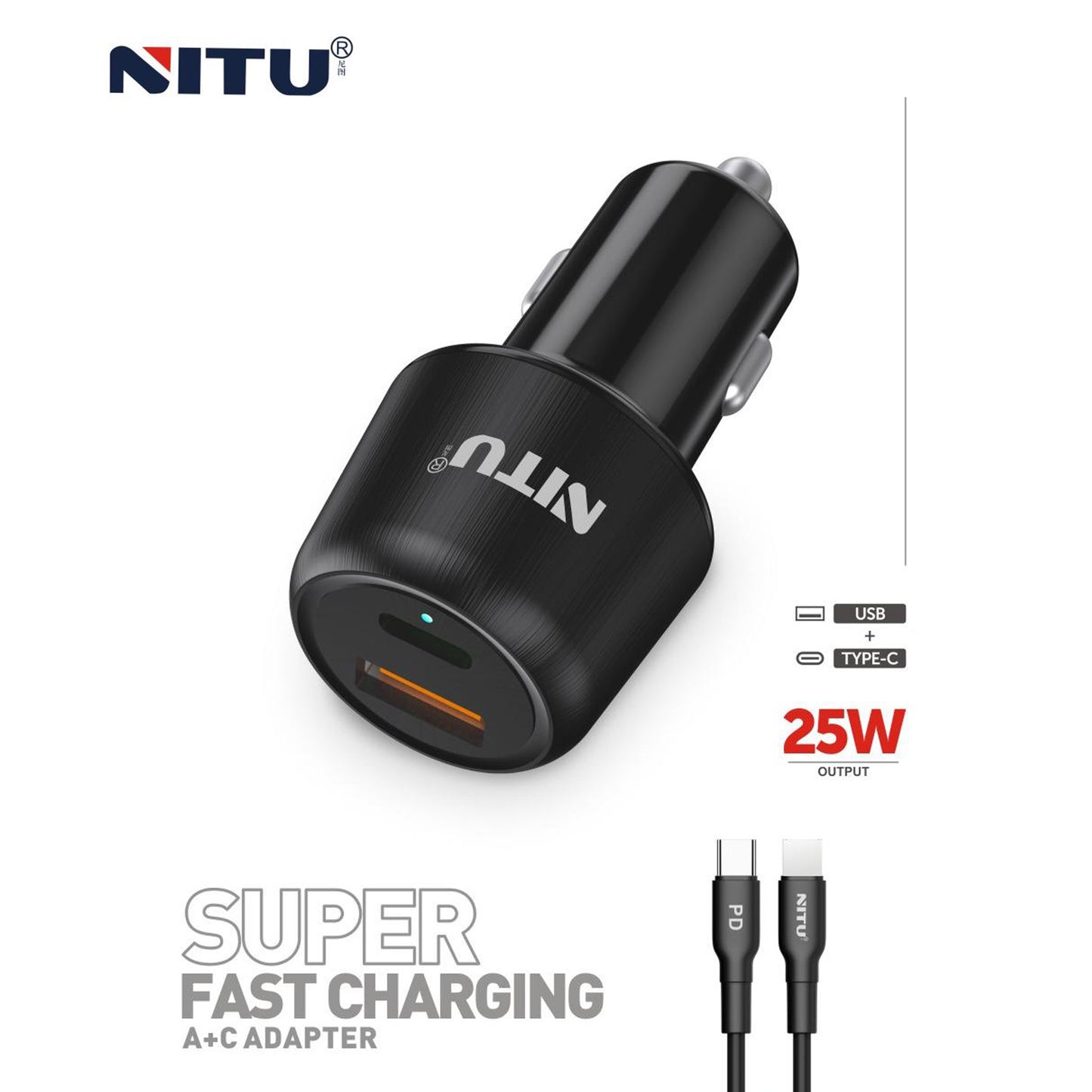 Car Charger PD25W +QC3.0 With 1 meter PD C To C Cable