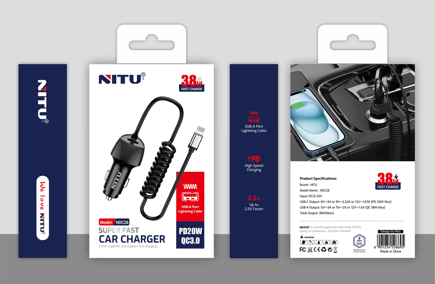 38W Car Charger With Lightning Cable Fast Charging QC+PD