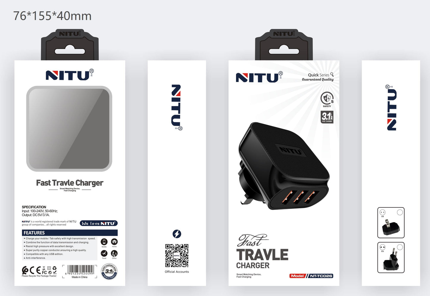 Wall charger UK +EU Converter Plug USB QC3.0*3 Ports