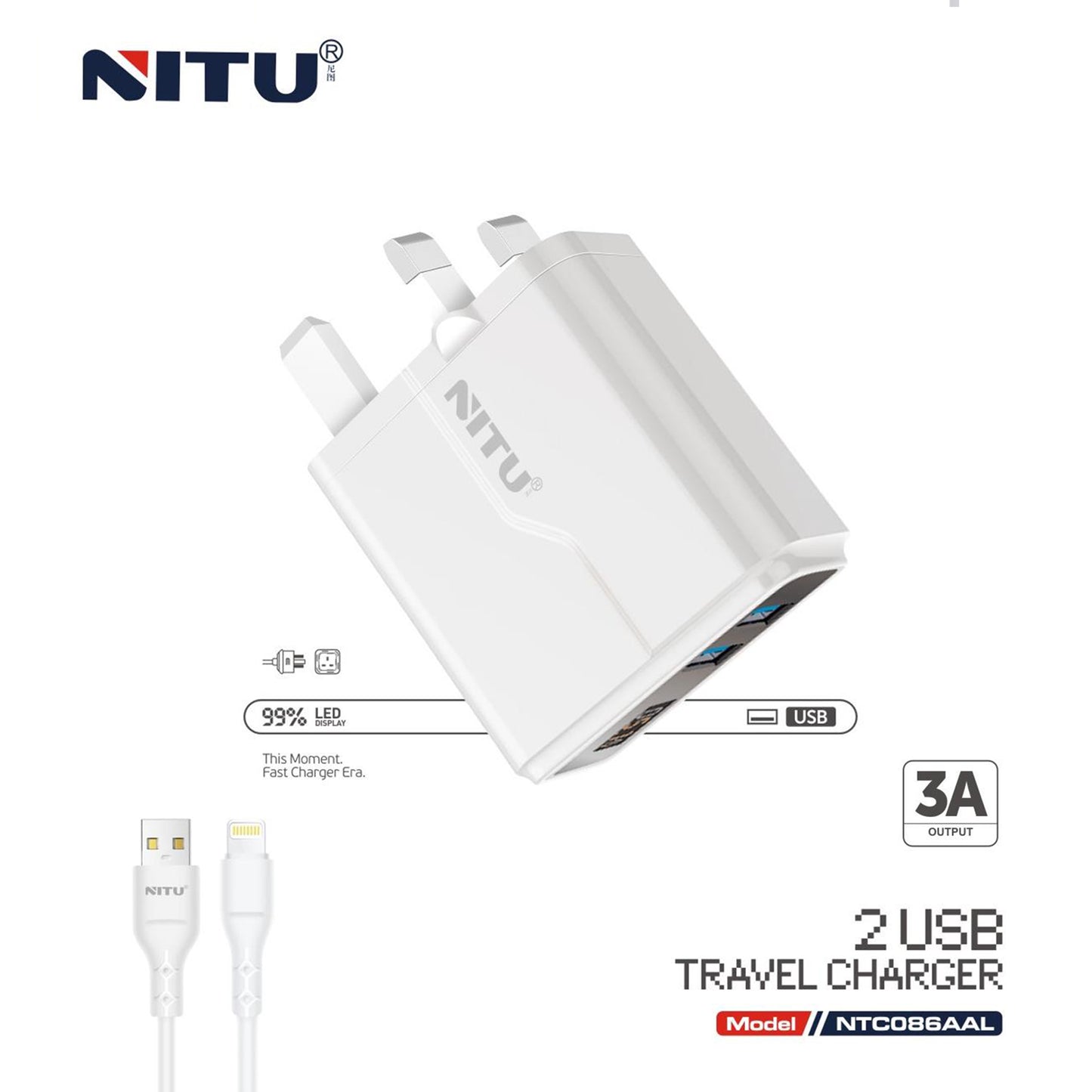 Charger Adapter UK Plug Dual USB 5V/2.4A 24W,Digital display,With A To L Charging Cable