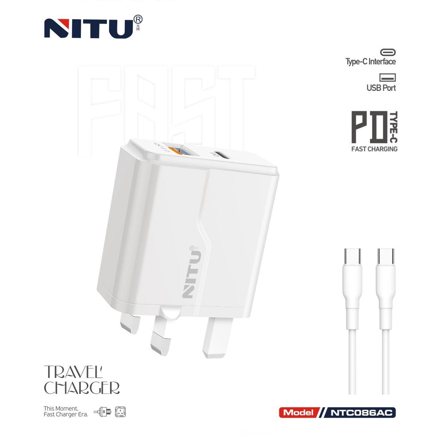Charger Adapter UK Plug PD+QC3.0,,With C-C Charging Cable