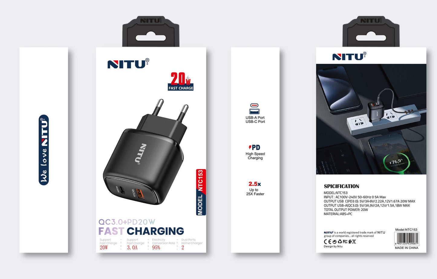 Wall charger EU Plug PD20W+ QC3.0 Fast Charging