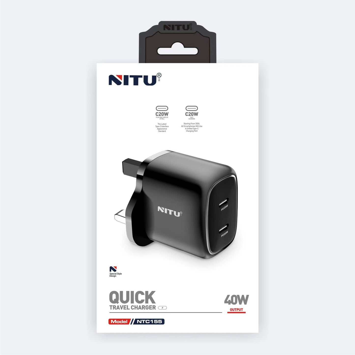 Charger Adapter UK Plug Dual PD Type C Ports,40W