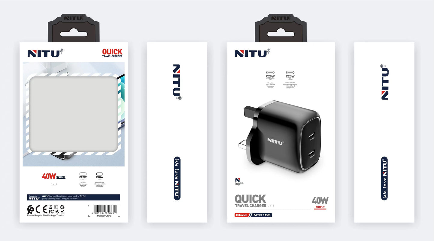 Charger Adapter UK Plug Dual PD Type C Ports,40W