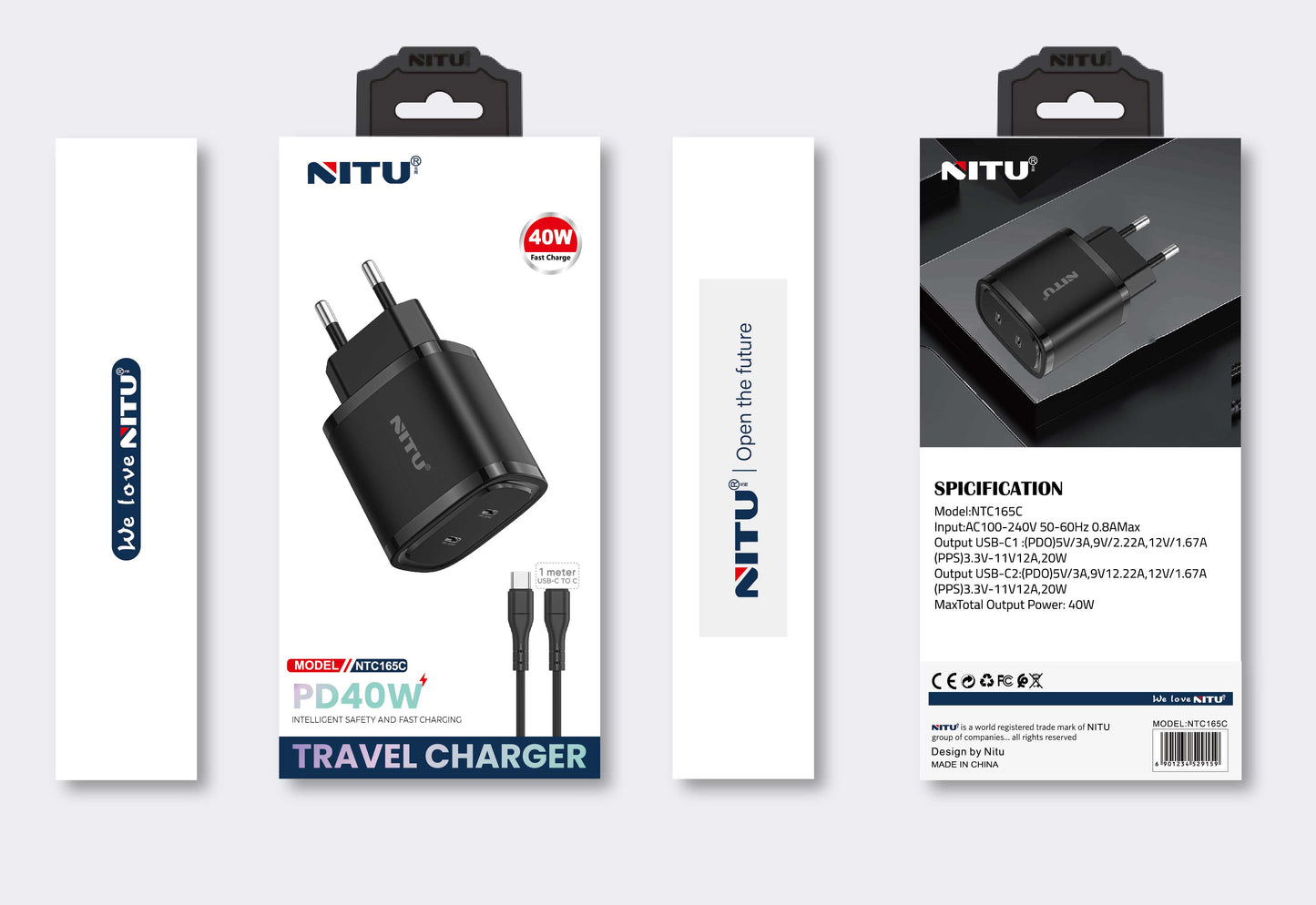Charger Adapter EU Plug Dual Type C PD-Ports,Fast Charger PD40W With C-C Cable