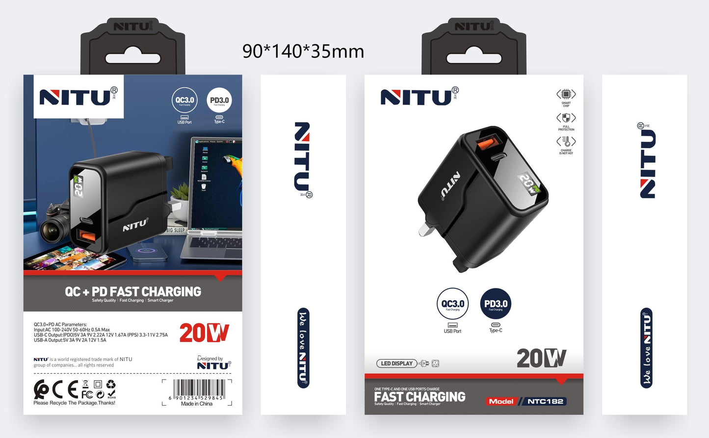Charger Adapter UK Plug QC18W+ PD3.0,With LED Display