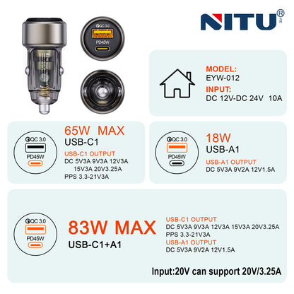 83W Mini Car Charger Transparent Body,QC3.0+PD45W Turbo Charge