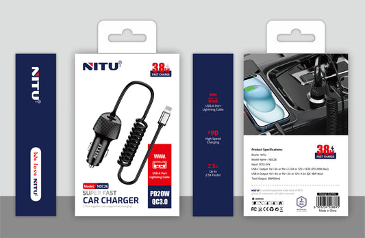 38W Car Charger With Lightning Cable Fast Charging QC+PD