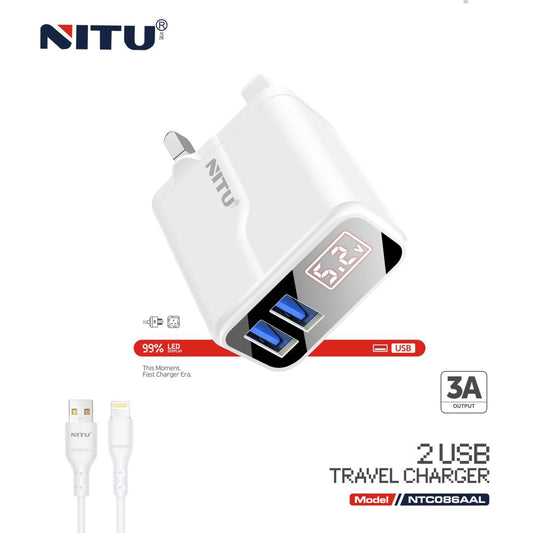 Charger Adapter UK Plug Dual USB 5V/2.4A 24W,Digital display,With A To L Charging Cable