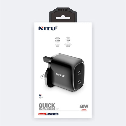 Charger Adapter UK Plug Dual PD Type C Ports,40W