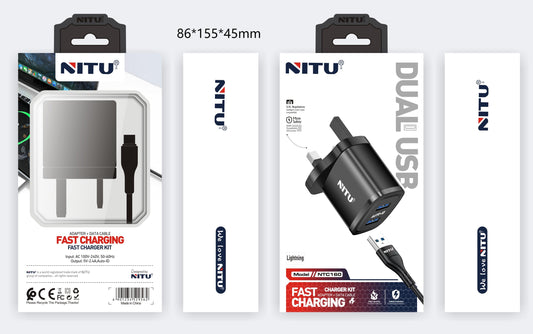 Charger Adapter UK Plug Dual USB Ports, Auto-ID,With Cable(type C/ Lightning)