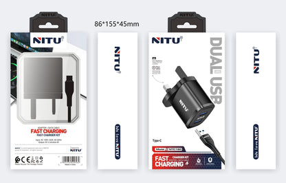 Charger Adapter UK Plug Dual USB Ports, Auto-ID,With Cable(type C/ Lightning)