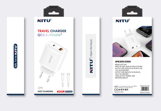 Charger Adapter EU Plug PD+QC,Fast Charger With C-C Cable,20W
