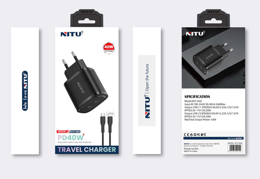 Charger Adapter EU Plug Dual Type C PD-Ports,Fast Charger PD40W With C-C Cable
