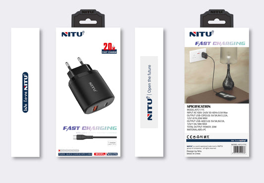 Charger Adapter EU Plug  PD20W+QC18W,Fast-Speed Wall Charger WIth C-C Cable,20W