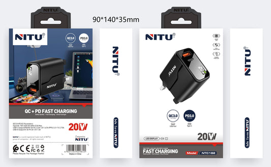 Charger Adapter UK Plug QC18W+ PD3.0,With LED Display