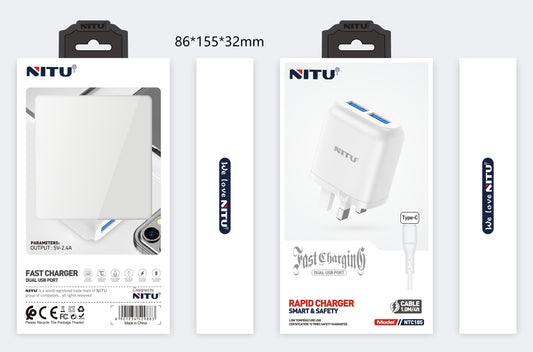 Charger Adapter UK Plug Dual USB Outputs 5V/2.4A With Type C Cable