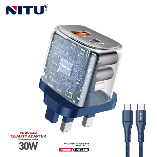 Charger Adapter UK Plug PD 20W+QC18W With C-C Cable