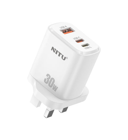 Charger Adapter UK Plug PD 30W+QC18W+USB L, With C-L Cable (2 in 1)