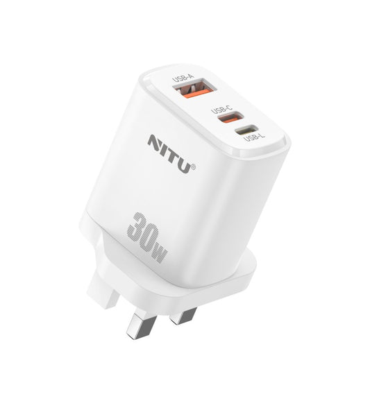 Charger Adapter UK Plug PD 30W+QC18W+USB L, With C-L Cable (2 in 1)