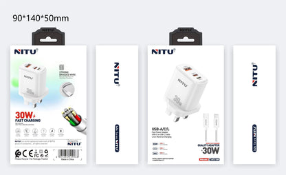 Charger Adapter UK Plug PD 30W+QC18W+USB L, With C-L Cable (2 in 1)