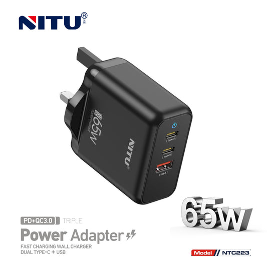 Charger Adapter UK Plug 65W  Dual PD3.0+1*USB QC3.0 Fast Charger
